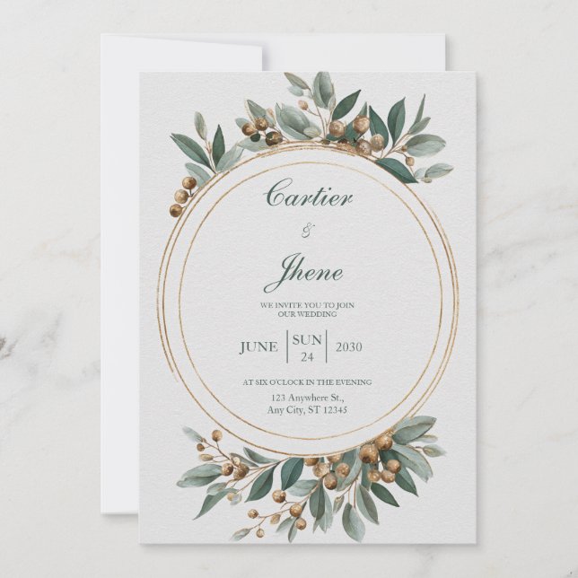 Invitation Mariage minimaliste Gold & Green Botanical Circle (Devant)