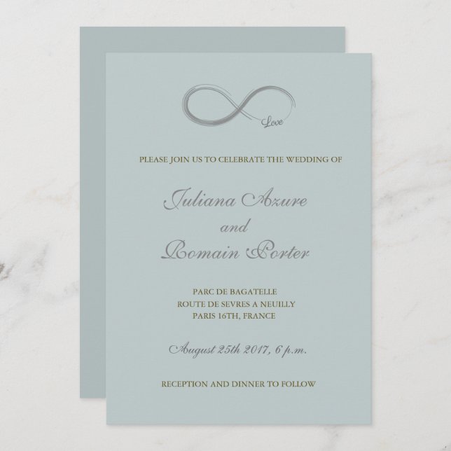 Invitation Mariage minimaliste gris turquoise signe d'infini (Devant / Derrière)