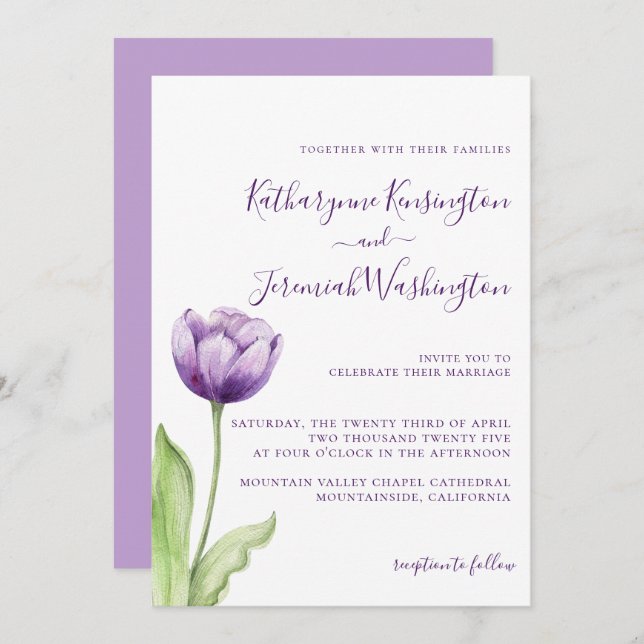 Invitation Mariage minimaliste Lavender Purple Tulip (Devant / Derrière)