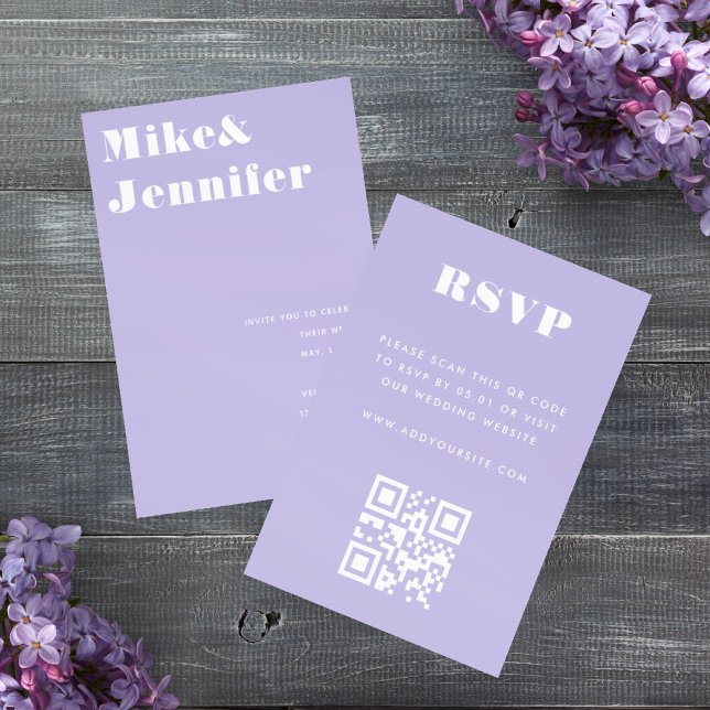 Invitation Mariage minimaliste moderne code QR lilac lavande  (Créateur téléchargé)