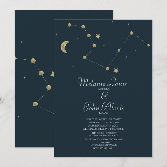 Invitation Mariage minimaliste moderne constellation feuille  (Devant / Derrière)