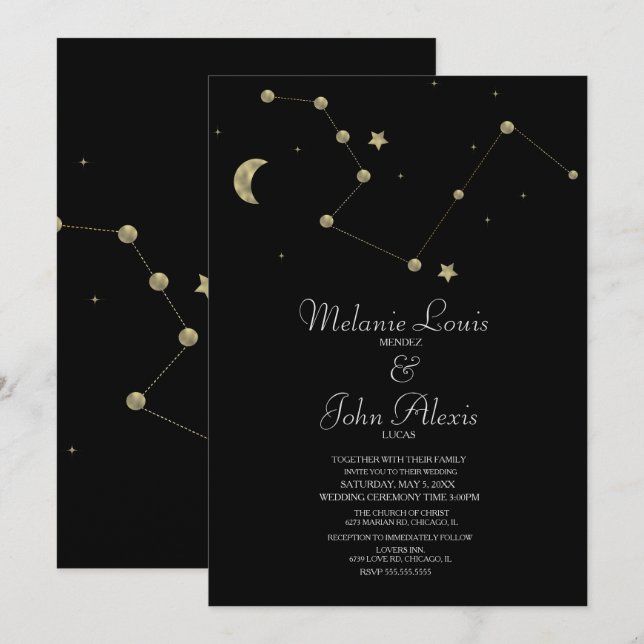 Invitation Mariage minimaliste moderne constellation feuille  (Devant / Derrière)