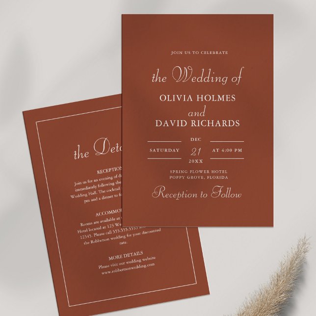 Invitation Mariage Minimaliste Moderne en Terracotta (Modern Minimalist Terracotta Wedding Invitation on white background with dry wildflower.)
