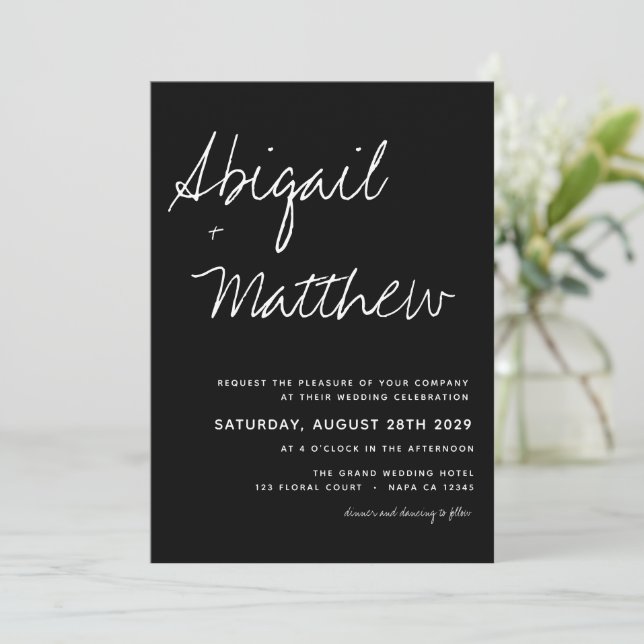Invitation Mariage minimaliste moderne noir et blanc (Debout devant)