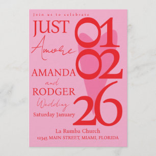 Invitation Mariage Minimaliste Moderne Rouge Rose Coeur