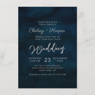 Invitation Mariage minimaliste monogramme bleu foncé lustré N