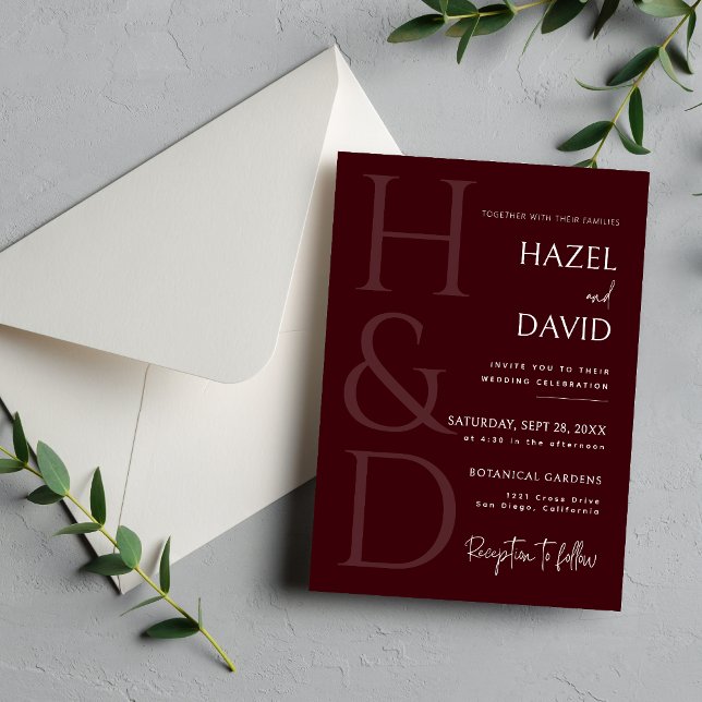 Invitation Mariage Minimaliste Monogramme Bourgogne Moderne (Modern burgundy monogram wedding invitation sets a rich, elegant tone for your celebration.)