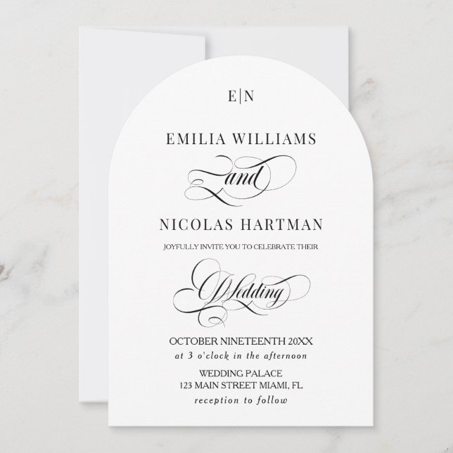 Invitation Mariage minimaliste monogramme classique blanc (Devant)