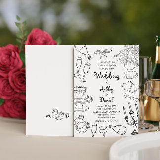 Invitation Mariage Minimaliste Noir & Blanc Dessiné à la Main