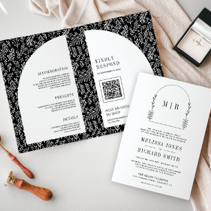 Invitation Mariage minimaliste noir et blanc à motif de feuil