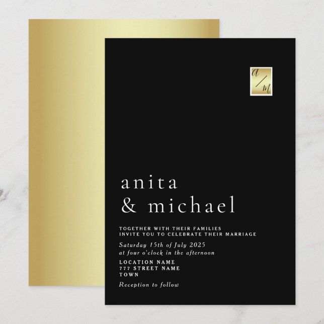 Invitation Mariage minimaliste or et noir (Devant / Derrière)