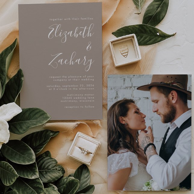 Invitation Mariage Minimaliste Photo Taupe (Créateur téléchargé)