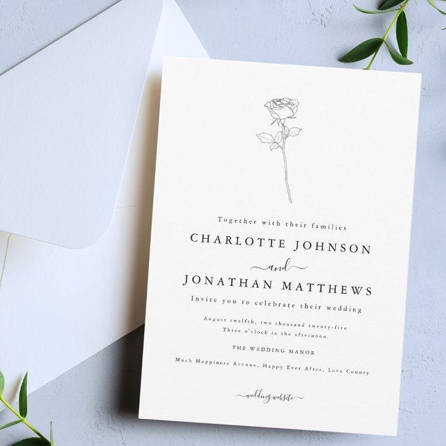 Invitation Mariage minimaliste Rose simple (Simple single rose minimalist floral line art black and white wedding invitation)