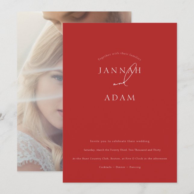 Invitation Mariage Minimaliste Rouge Écriture (Devant / Derrière)