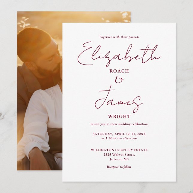Invitation Mariage minimaliste Script Photo Burgundy (Devant / Derrière)