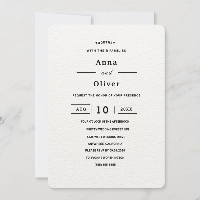 Invitation Mariage minimaliste simple blanc personnalisable (Devant)