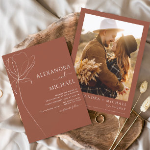 Invitation Mariage Minimaliste Terracotta Photo Brûlé Orange