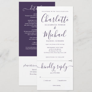 Invitation Mariage minimaliste tout-en-un écriture violette