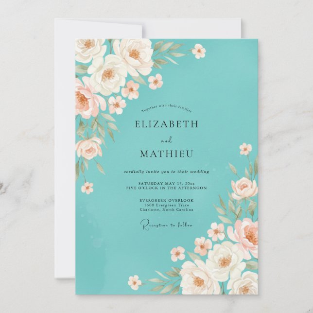 Invitation Mariage Minimaliste Turquoise Pivoine (Devant)