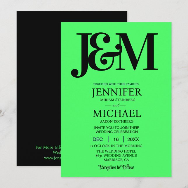 Invitation Mariage Minimaliste Vert Citron (Devant / Derrière)
