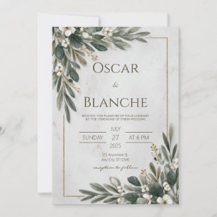 Invitation Mariage minimaliste vert et blanc d'olive