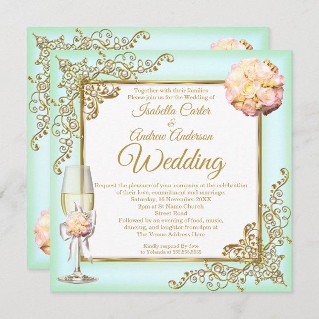 Invitation Mariage Mint Coral Champagne Gold Pearl Photo (Devant / Derrière)