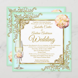 Invitation Mariage Mint Coral Champagne Gold Pearl Photo
