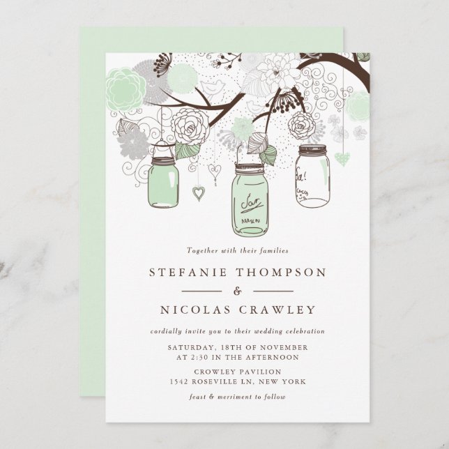 Invitation Mariage Mint Green Hanging Mason Jars (Devant / Derrière)