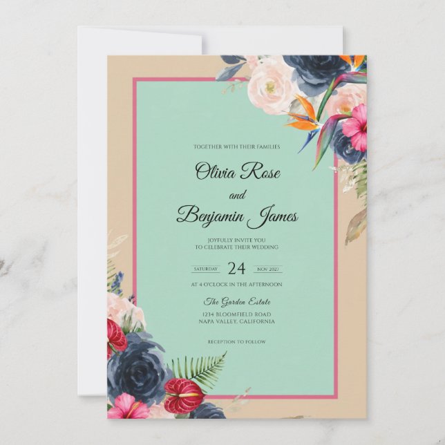 Invitation Mariage Mint Navy Fleur Sauvage (Devant)