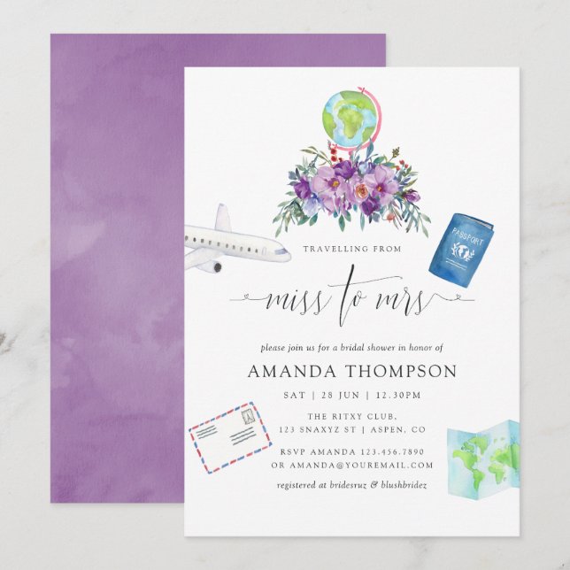 Invitation Mariage Miss à Mme Fleurs Violettes Shower (Devant / Derrière)