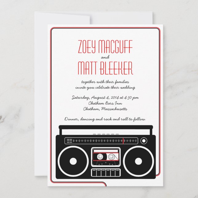 Invitation Mariage Mixtape Indie Boombox Rétro (BW / Red) (Devant)