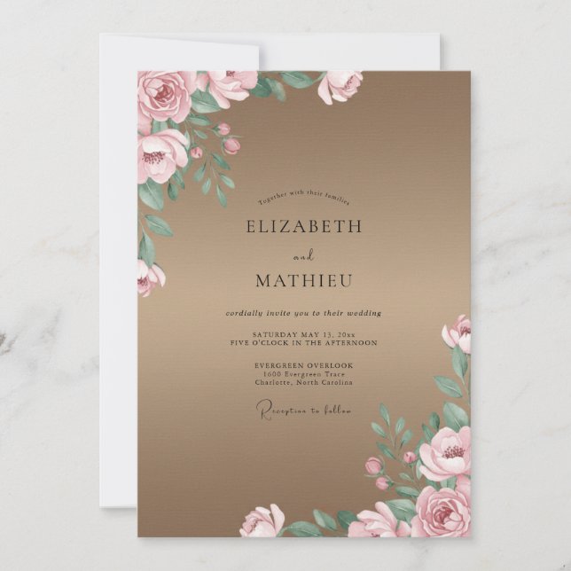 Invitation Mariage Mocha Rose Poussiéreuse Pétales (Devant)
