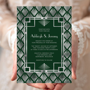 Invitation Mariage modèle vintage déco vert émeraude argenté