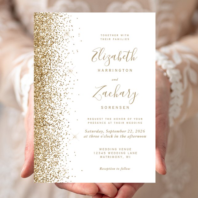 Invitation Mariage Moderne à Bordure de Faux Strass en Or Bla (Créateur téléchargé)