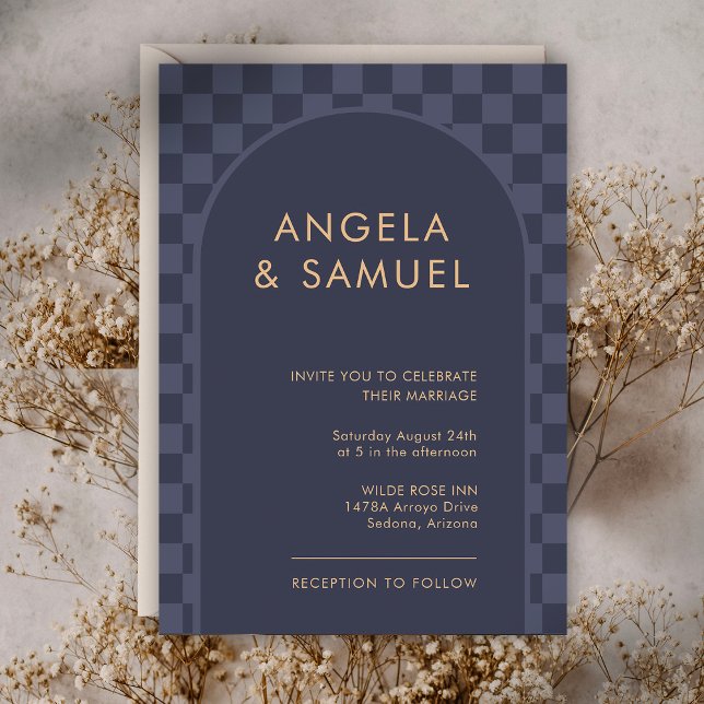 Invitation Mariage Moderne à carreaux Bleu Minuit (Créateur téléchargé)