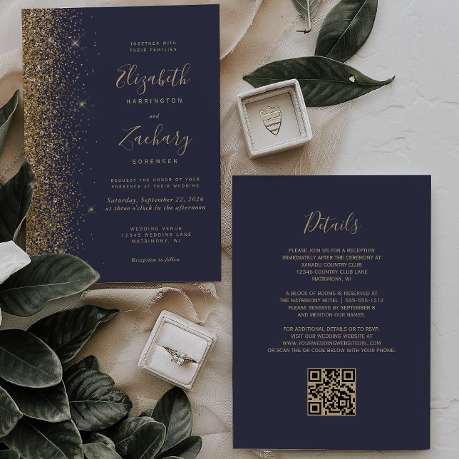 Invitation Mariage moderne à code QR avec faux paillettes dor (Créateur téléchargé)