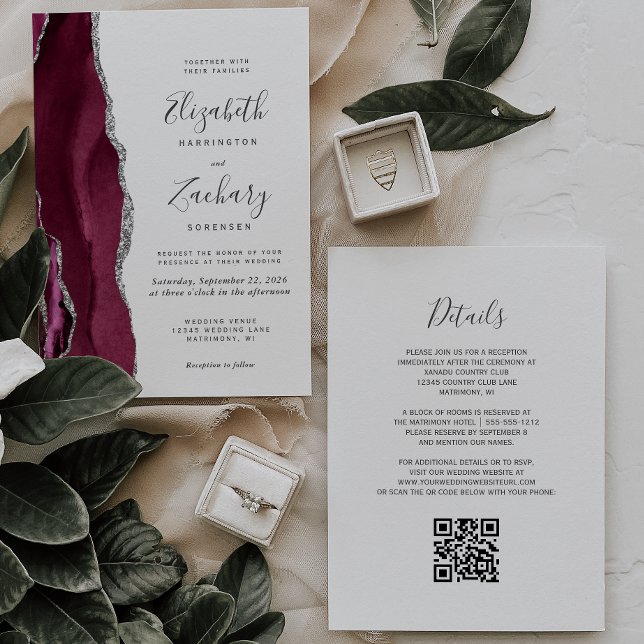 Invitation Mariage moderne à code QR en agate argentée de Bou (Créateur téléchargé)