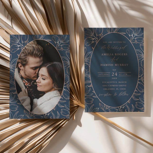 Invitation Mariage Moderne à Fleur avec Bleu et Or Rose (Créateur téléchargé)