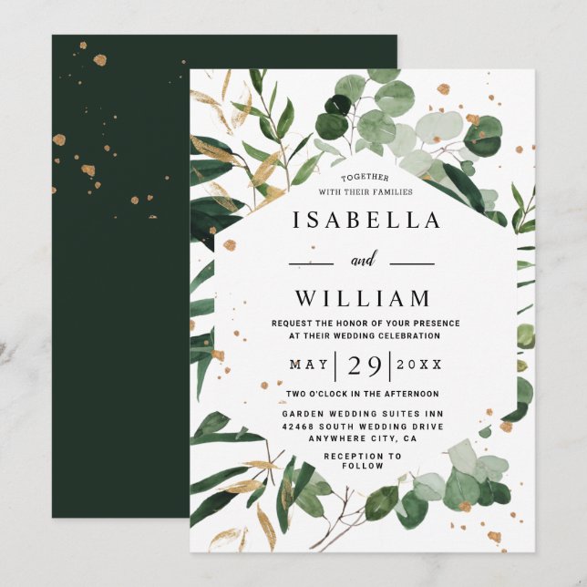 Invitation Mariage moderne à la botanique avec eucalyptus dor (Devant / Derrière)