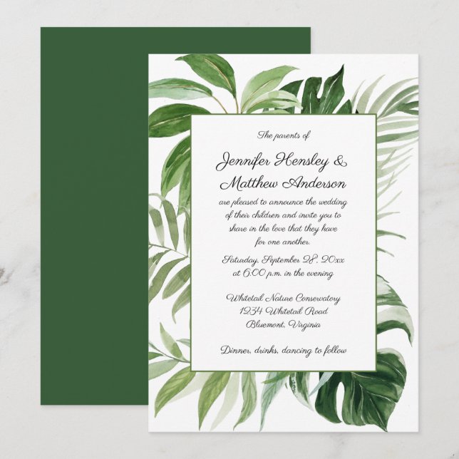 Invitation Mariage Moderne à la Végétation Tropicale | (Devant / Derrière)