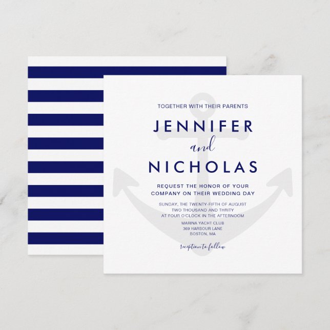 Invitation Mariage Moderne à l'Ancre Bleue Marine (Devant / Derrière)