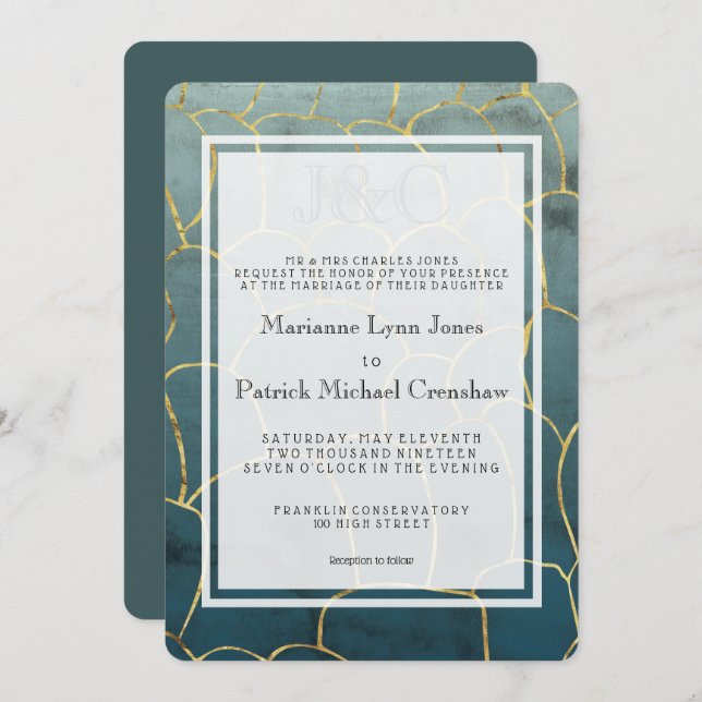Invitation Mariage moderne à l'aquamarine foncé et veines d'o (Devant / Derrière)