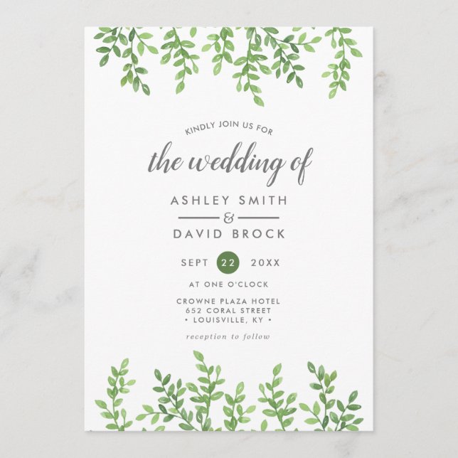 Invitation Mariage Moderne à l'Aquarelle avec de la Verdure (Devant)