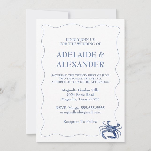 Invitation Mariage moderne à l'aquarelle sur la côte bleue de (Devant)