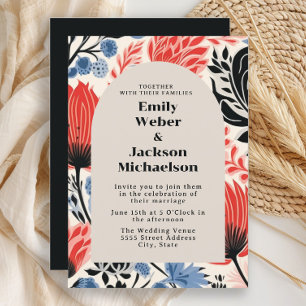 Invitation Mariage Moderne à l'Arche de Crème Rouge Navy 