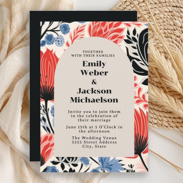 Invitation Mariage Moderne à l'Arche de Crème Rouge Navy  (Red, black, and blue retro-style flowers wedding invitation)