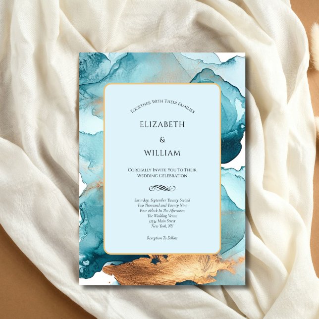 Invitation Mariage Moderne à l'encre alcoolique aquarelle sar (Teal Blue Gold Watercolor Wash Alcohol Ink Modern Elegant Wedding Invitation. Printed or Digital )