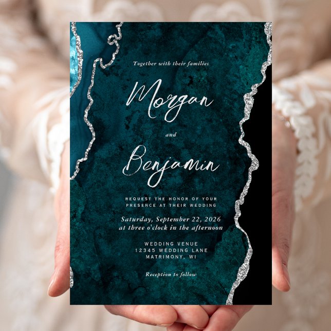Invitation Mariage Moderne à l'encre argentée sur agate bleu  (Créateur téléchargé)
