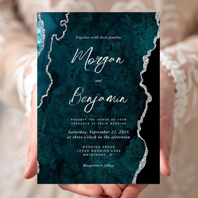 Invitation Mariage Moderne à l'encre argentée sur agate bleu  (Créateur téléchargé)