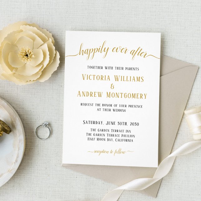 Invitation Mariage Moderne à l'encre dorée Happily Ever After (Créateur téléchargé)